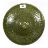 A Chinese Yuan Dynasty style incised green glazed red clay pottery bowl, Dia. 27cm, H. 9cm.