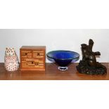 A Crown Derby paperweight, an animal figure, glass bowl and a small inlaid box.