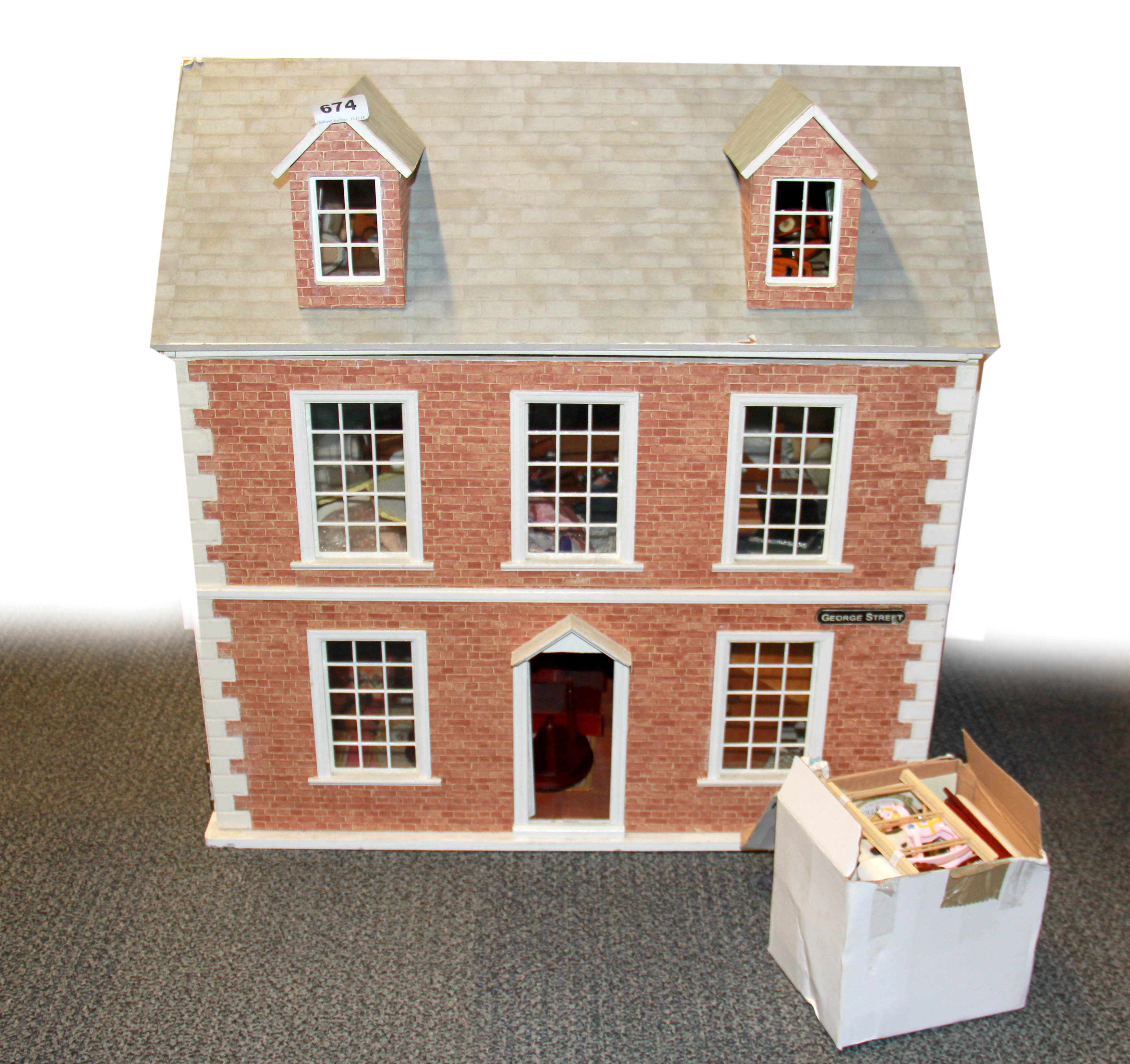 A vintage dolls house and contents, H. 62cm.