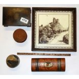 A framed ceramic tile and four interesting antique boxes and ruler.