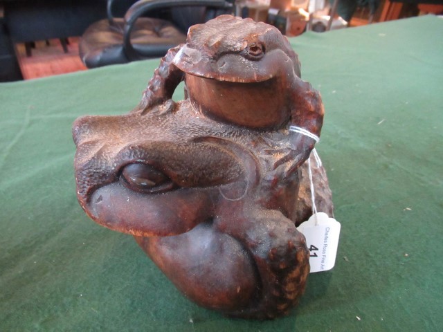 A Japanese Meiji period carved hardwood Okimono depicting a large pot bellied toad being clambered - Image 3 of 11