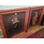 A pair of reproduction naive portraits of children, in deep moulded pine frames.