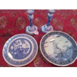 A collection of blue & white pottery wares, to include: Spode Italian table candlesticks,