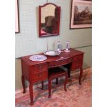 A Chinese rosewood cabriole leg kneehole dressing table, matching stool and mirror.