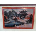 An early 20th century Japanese reverse painting and collage on glass,