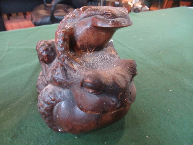 A Japanese Meiji period carved hardwood Okimono depicting a large pot bellied toad being clambered - Image 4 of 11