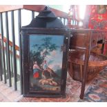 A George III ebonised and painted single door hanging corner cupboard,