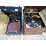 An HMV resin covered tabletop model gramophone with nickel plated fitting,