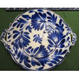 A blue & white painted two handled dish.