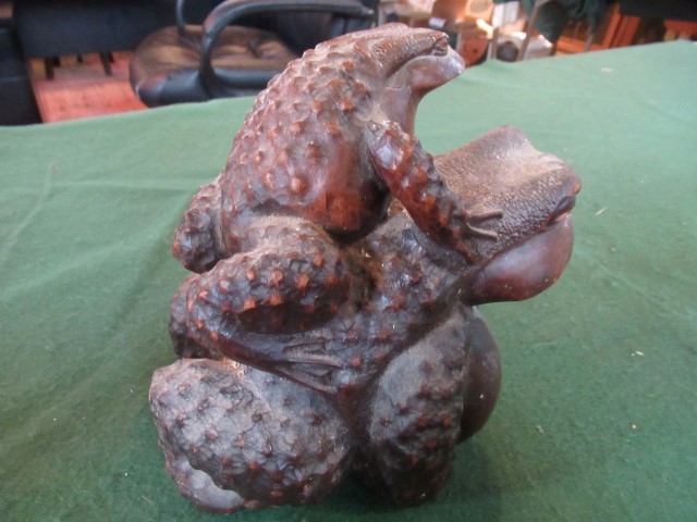 A Japanese Meiji period carved hardwood Okimono depicting a large pot bellied toad being clambered - Image 5 of 11