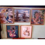 A collection of mostly wool work pictures of Oriental ladies, Tower Bridge and cottage garden,