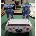 A Royal Crown Derby-style porcelain flower trough and two bisque porcelain Jasper vase,
