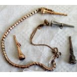 Five seal fob watch keys, variously set, including bloodstone etc.