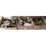 Three boxes of various items, including: barometers, cast brass candlesticks,