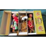 Three boxed Pelham puppets, Old Lady, Bengo and Gypsy Girl.