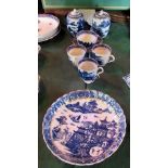 A collection of Caughley teawares, late 18th century, each in the blue and white Temple pattern,