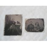Two Edwardian photographic negatives, each of figures in an interior.