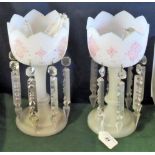 A pair of Edwardian milk glass table lustres, each suspending facet cut icicle pendant drops.