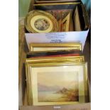 Two boxes containing an assortment of framed and glazed pictures and prints,