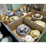 Four boxes of ceramics, including: a Noritake tazza, decorated with swans in a river landscape,