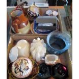 Two boxes of decorative ceramics, including: blancmange mould, Imari pattern twin handled sugar,