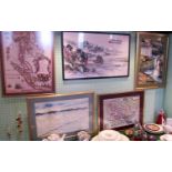 A Chinese watercolour on silk of a river landscape, together with four other pictures,