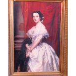 A large gilt framed print of a 19th century society lady, wearing a satin ball gown, 90cm x 59cm.