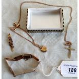 A 9ct gold tablet link bracelet, a crucifix, fine link chain,