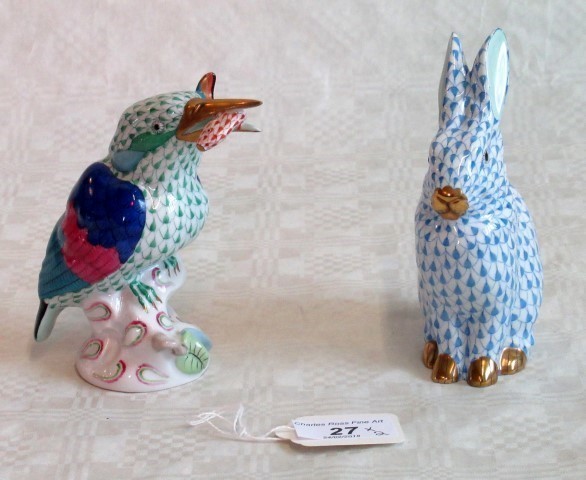 A Herend porcelain model of a seated rabbit, together with another of a kingfisher.