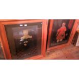 A pair of reproduction naive portraits of children in deep moulded pine frames.