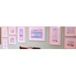 After Sally Swannell, a collection of nine framed and glazed prints, seaside related,