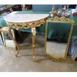 A giltwood console table and mirror, with faux marble top and a small arch topped gilt wall mirror.