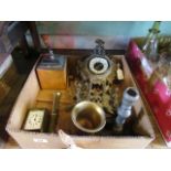 A box of miscellaneous decorative items, to include: a gilt metal cased mantle clock,
