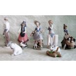 A collection of seven Lladro porcelain figures, to include: a lady with a floral basket,