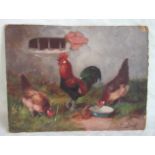 E S England, a study of a cockerel and two chickens in a farmyard, oil on card.