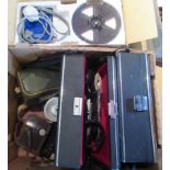 A box containing miscellaneous vintage, cine and photographic equipment.