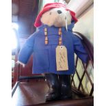 A Gabriel Designs Paddington Bear with blue duffel, coat, red felt hat, Wellington's,