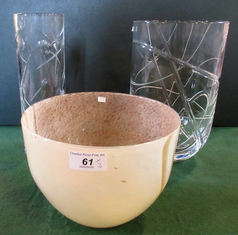 A large conical studio glassware bowl, together with two large/imprint cut studio glassware vases.