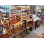 A reproduction yew wood veneered coffee table, fashioned as a sofa table,