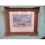 Early 20th century English school, a beech scene with a horse and cart, watercolour, 16.5 x 24cm.