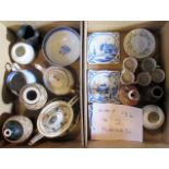 Two boxes of ceramics, to include: two blue and white 19th century Delft tiles,