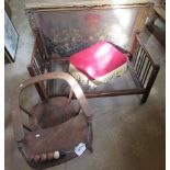 A vintage oak faced ply child's chair and red velour topped fringed footstool and folding child's