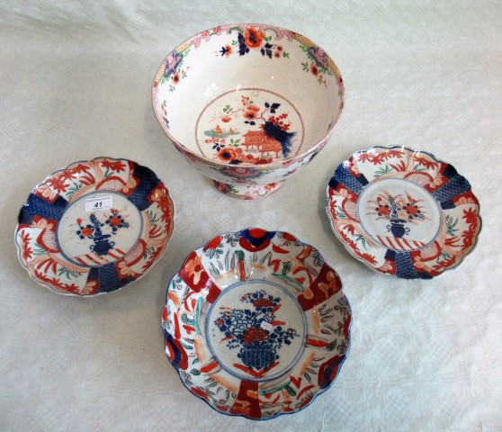 Three items of late 19th century Japanese Imari and a Staffordshire pottery Imari pattern pedestal