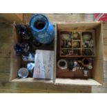 Two boxes containing decorative 1970's glassware, studio pottery, carved Burmese box,