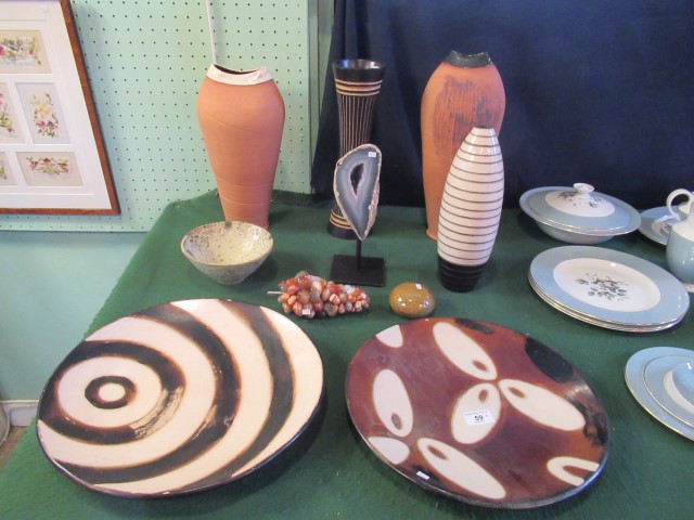 A collection of studio pottery wares and a decorative mineral Geode.