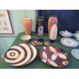 A collection of studio pottery wares and a decorative mineral Geode.