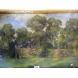 Frank Batson, a formal garden with figures, dog and mature trees, watercolour signed lower right,