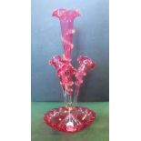 A Victorian cranberry and clear glass epergne,