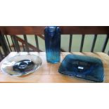 Three items of Italianate blue and smoke coloured studio glassware,