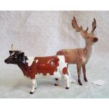 A Beswick cow 'Ickham Bessie', together with a Beswick deer with full antlers, each gloss glazed.